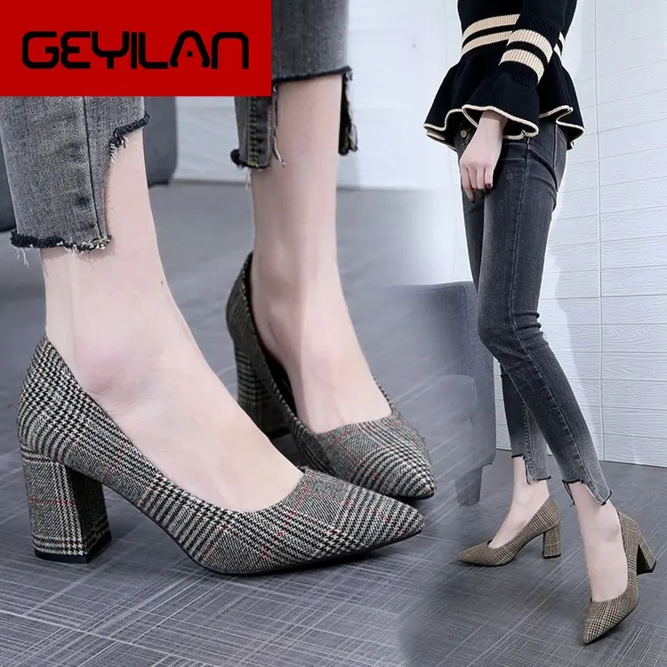 

2019 Early Spring New Style Plaid ni zi bu Shoes Pointed Shallow Mouth Thin Heeled High Heel Shoes Korean-style Versatile Work W