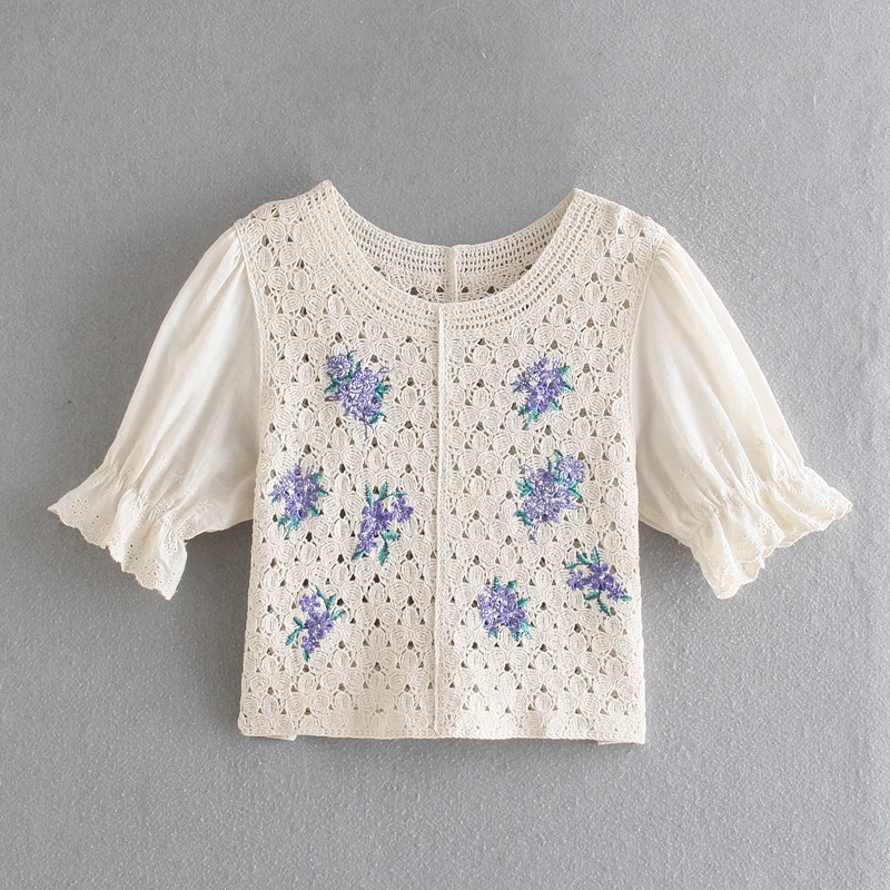 

2021 Fashion Women Blouse Round Neck Short Puff Sleeve Floral Embroidery Top Summer Openwork Patchwork Casual Beach Crop Tops