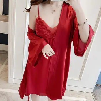 

2020 Summer New Bathrobe Women 2PCS Nighty&Robe Suit Satin Kimono Gown Sleepwear Silky Nightgown Nightdress Intimate Lingerie