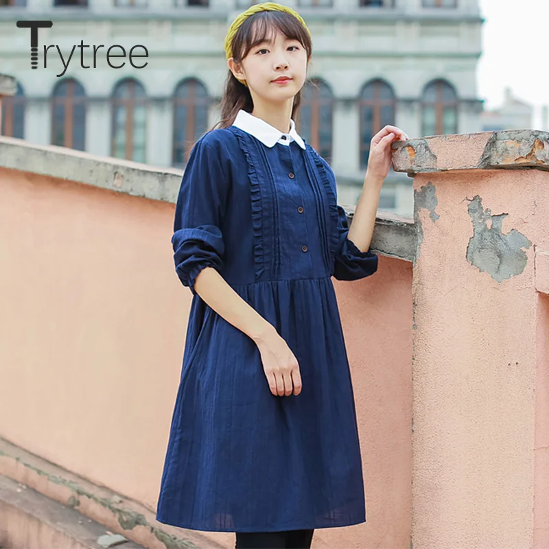 Trytree/осеннее женское платье, повседневное, однотонное, с отложным воротником, оборками, на пуговицах, платье-рубашка, ТРАПЕЦИЕВИДНОЕ, до колена, модное, офисное, Дамское Платье