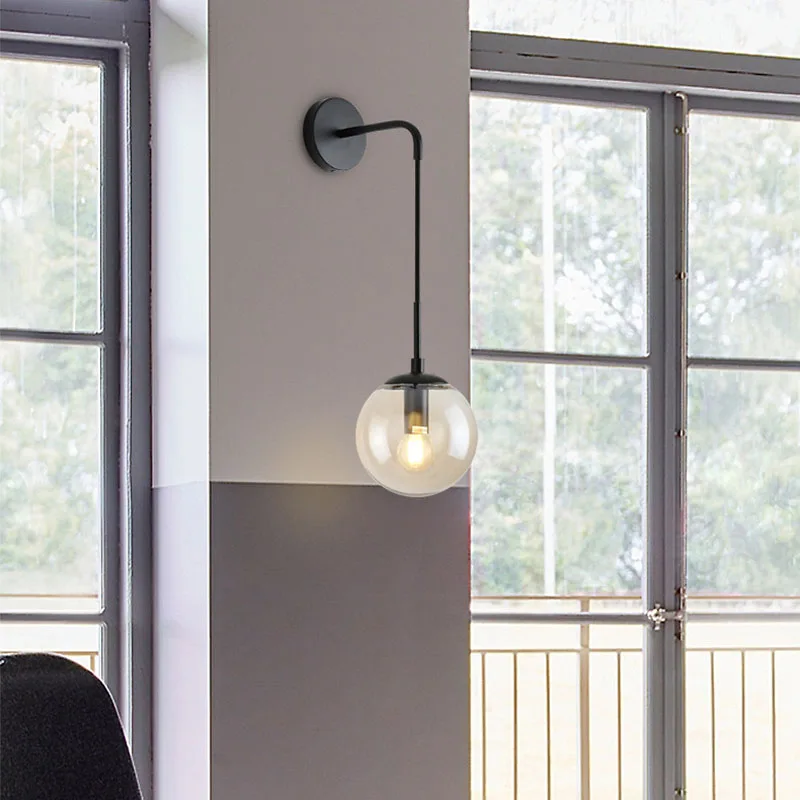 Modern Glass Ball Wall Light Hanging Gold Black Glass Ball Wall Lamp E27 E26 Edison Bedside Wall Sconce Bedroom Antique Wall Light (12)