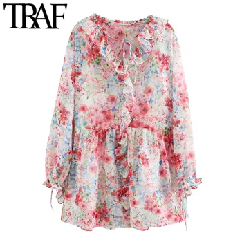 

TRAF Women Chic Fashion Floral Print Ruffled Chiffon Mini Dress Vintage Tied Long Sleeve With Lining Female Dresses