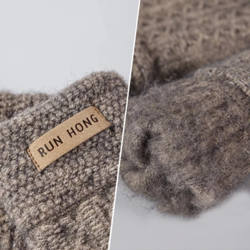 Unisex Winter Wool Knit Double Layer Thicken Elastic Nonslip Cycling Mittens Men Touch Screen Warm Full Finger Driving Glove H96