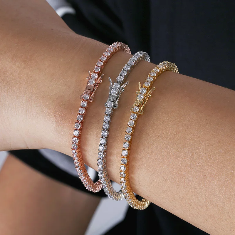 

3mm 7"8" Trendy Luxury Iced Out AAA+ Cubic Zirconia Men Bangles For Hip Hop Charm Tennis Rose Gold Bracelets Silver Jewelry New