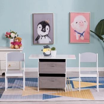 

[71 x 48 x 49.5]cm MDF Children Table and Chair Set of 3 with Drawers 1 Table and 2 Chairs White