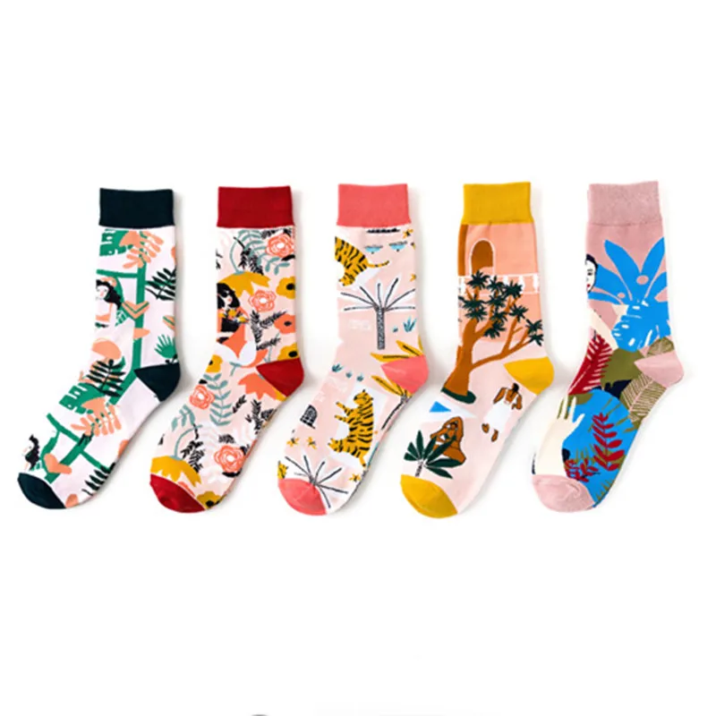 Женские зимние модные хлопковые носки для девочек с изображением животных, растений, Белль, креативная Европа, Харадзюку, унисекс, забавные, кавайные, повседневные, уличное искусство
