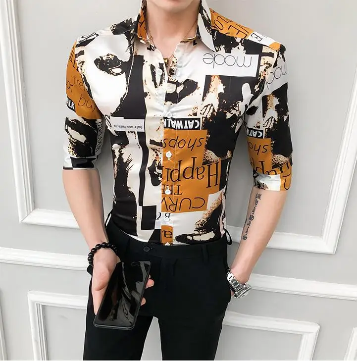 

British Style Digital Print Shirt Men Spring Summer Half Sleeve Mens Casual Shirts Slim Fit Streetwear Party Prom Tuxedo Shirt