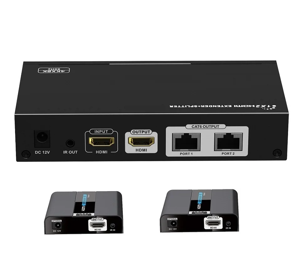 Up to 100Ft / 30M 4Kx2K@60Hz LKV712Pro-V2.0 1x2 HDMI2.0-compatible POE Extender Splitter with Loop-Out Over CAT6/6a/7 IR Remote |