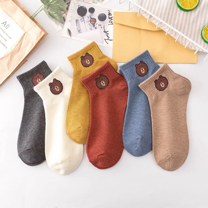 New Solid Color Cartoon Bear Cotton Short Sock Shallow Mouth Absorb Sweat Breathable Comfortable Women Short Sock Hosiery photo