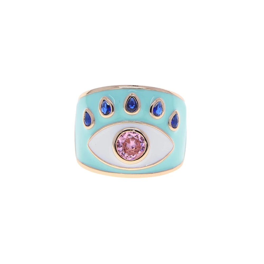 Gold Color Rings Finger Ring Gold Color Ring Adjustable Rings Gold Color Pink Enamel Turkish Evil Eye Women Finger Band Ring Boho Bohemia Fashion Lucky Jewelry Adjustable Size