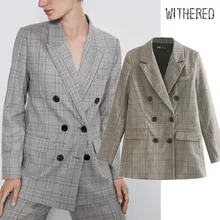 Увядший зимний блейзер feminino английский винтажный плед двубортный Женский блейзер mujer женские блейзеры и куртки