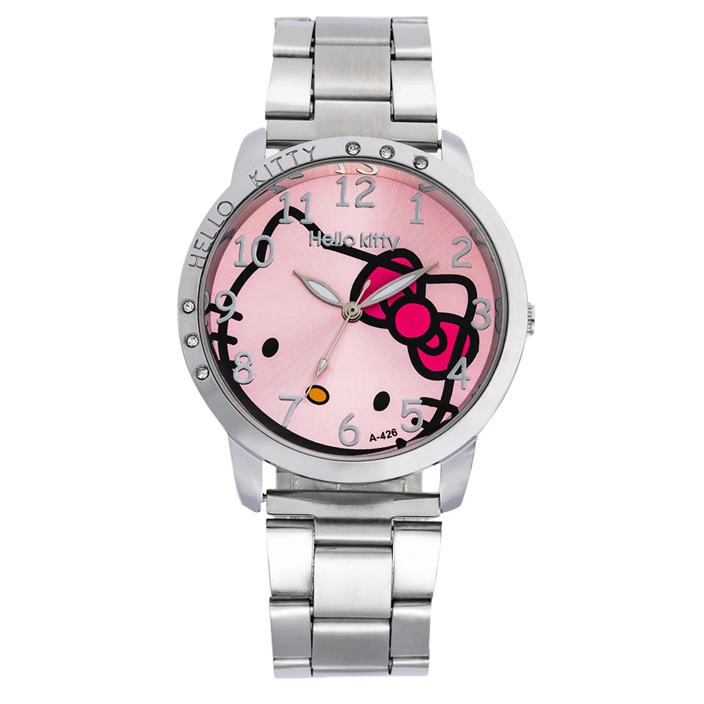 Часы Hello kitty для девочек Детская Для женщин Подарки для детей мультфильм часы Нержавеющая сталь ремешок кварцевые часы детские часы Relogio Infantil - Цвет: Розовый