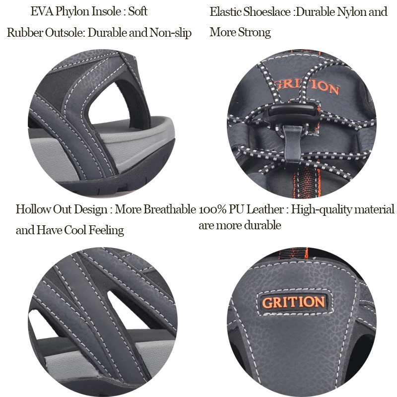 GRITION Men Sandals Summer Pu leather Clogs Male Flat Sport Outdoor Beach Shoes Comfort Breathable Soft Lazy Walking Shoes 2020