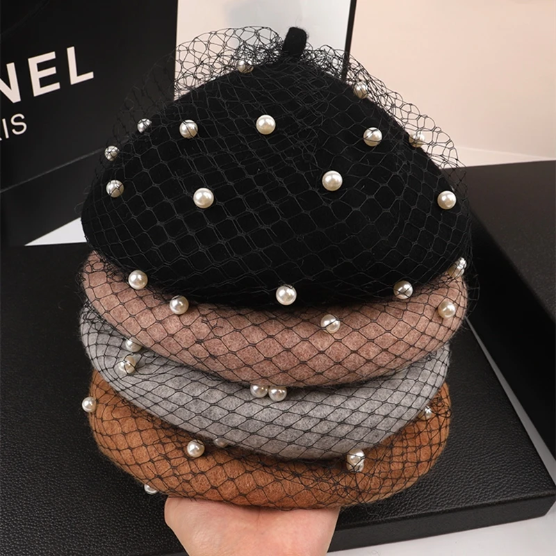 

Cheap New Women Wool Solid Color Beret Female Bonnet Caps Retro cap Vintage Plain Beret Hats Mesh hat Elegant Lady Winter Cap