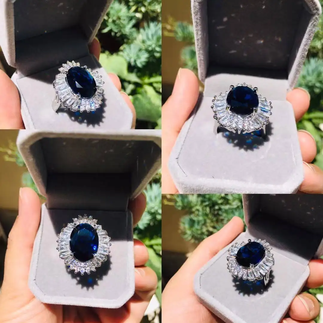 Gemstone Ring 12*16mm Sapphire Zircon Silver Color Engagement Wedding Valentine's Day Girls