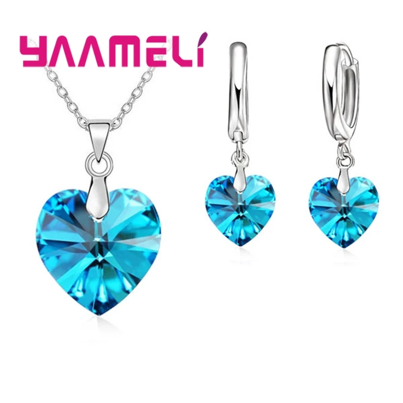 Love Heart Shape Women 925 Sterling Silver Bridal Jewelry Set For Wedding Fashion Crystal Pendants Necklaces Earring Set 