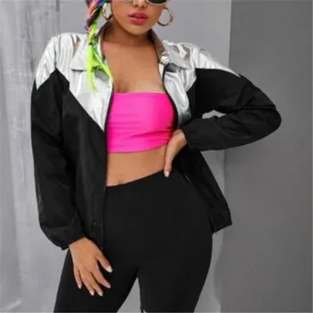 

NEW Women Jacket Ladies Autumn Black Silver Colorblock Zip Up Loose Casual Coat Tops Fashion Sport Wear Outwear Clothing