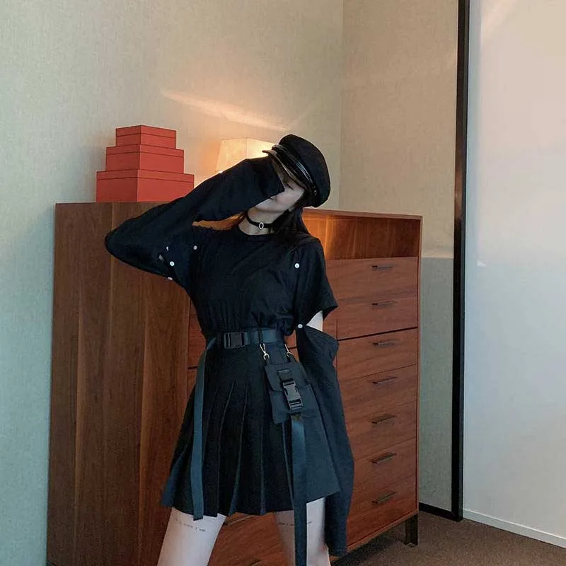 NiceMix, черный комплект, а-силуэт, Женская Сексуальная Мини юбка с высокой талией, уличная Женская юбка в стиле панк с боковыми карманами, модная дизайнерская плиссированная юбка