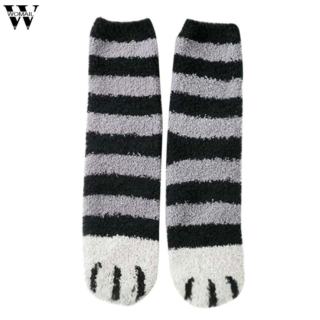 Womail, женские Зимние коралловые носки с принтом в виде лап кота, бархатные теплые домашние носки для сна, носки-тапочки, 5 пар