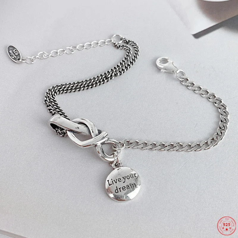 

S925 Sterling Silver Charm Bracelets 2021 Popular Round Card Tassel Woven Chain Pure Argentum Fashion Hand Ornaments for Women