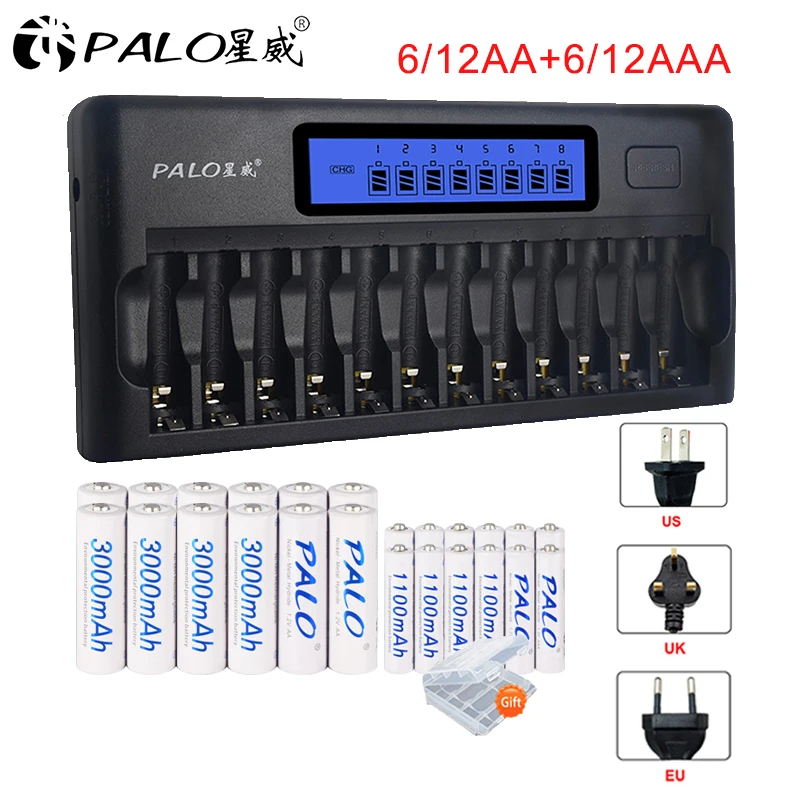 

12-24 pcs lot aa and aaa rechargeable battery 1.2V ni-mh and 12 slots smart fast charger for 1.2V aa aaa 2A 3A ni mh batteries
