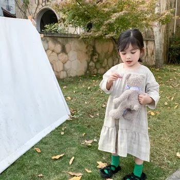 

2020 Spring New Children Girls Long Sleeve Cotton Plaid Dress Baby Kids Casual Long Length Pleated Dresses Kids Clothing