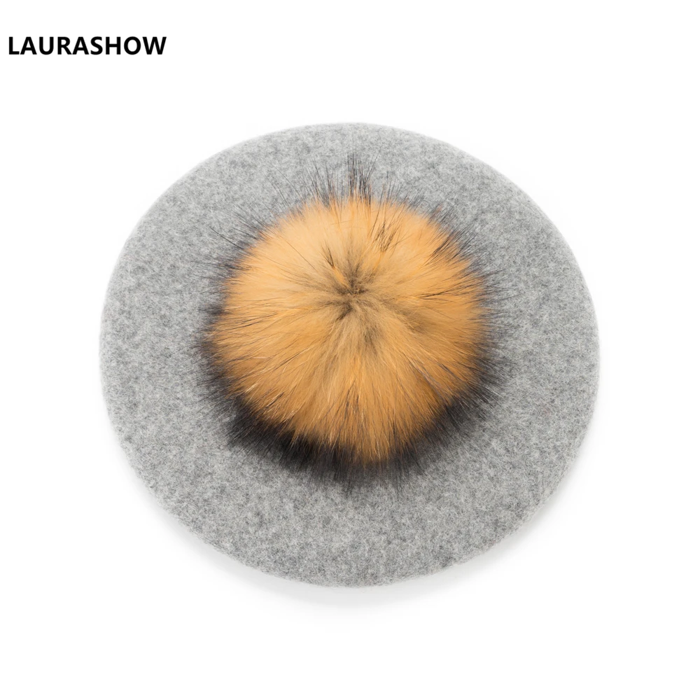 13cm natural pompom Laurashow, детский берет, теплая шерстяная зимняя шапочка, шапка с помпонами из натурального меха, винтажные простые Детские береты для девочек, шапки для родителей и детей - Цвет: 13cm natural pompom