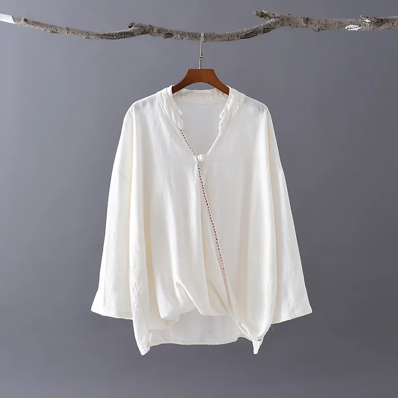 OriGoods женская льняная блузка в китайском стиле льняная рубашка блузка с длинным рукавом и v-образным вырезом однотонная белая блузка Оригинальная Новинка рубашка C263 - Цвет: Белый