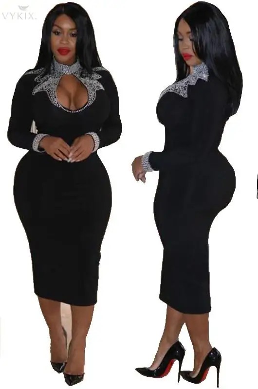 Womens Dresses O-neck Full Sleeve Midi Dress Hot Drilling Solid Sexy Dress Night Club Hollow Out Bodycon Dress Women Party Dress
