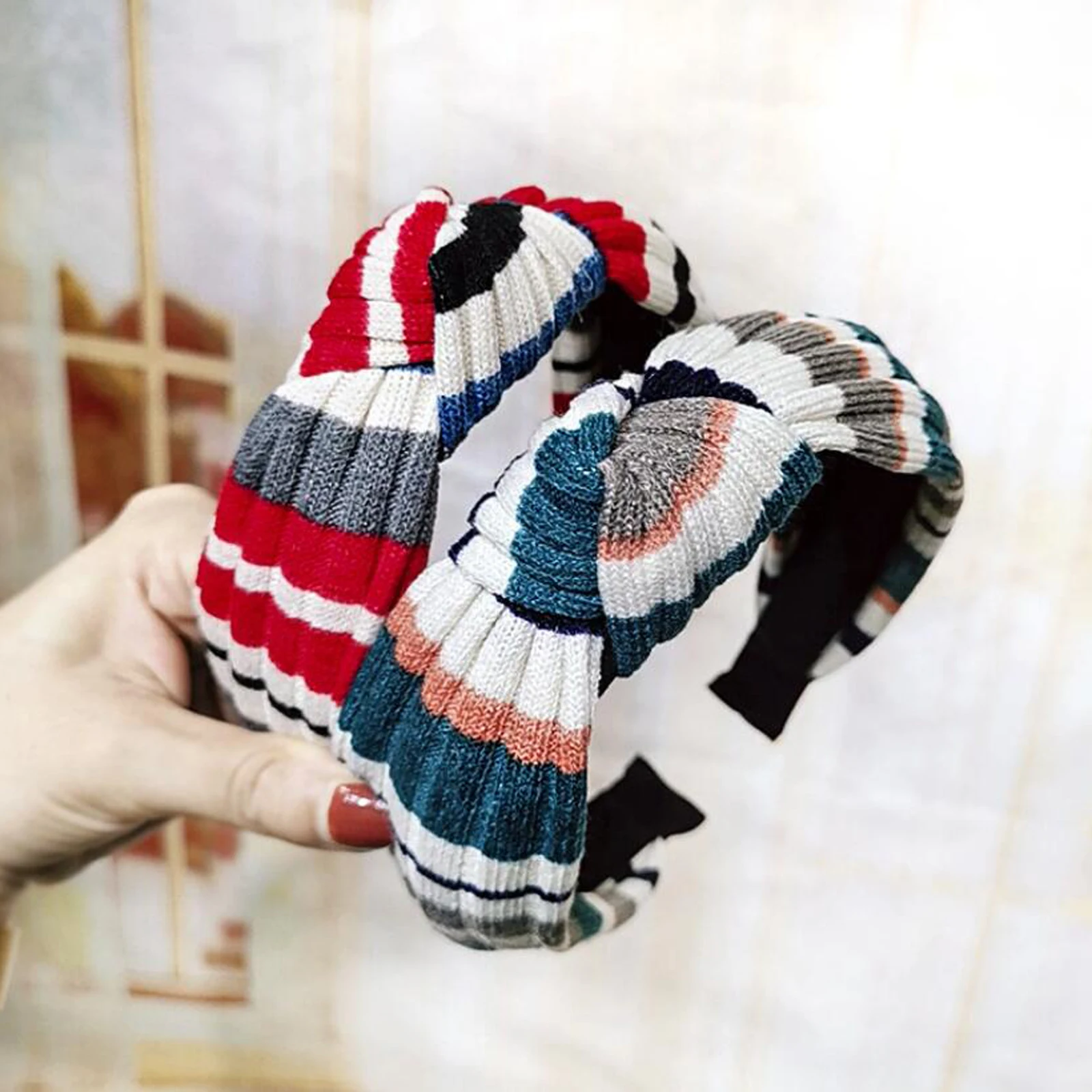 

New Bohemia Hair Accessories Women Knitted Striped Hairband Rainbow Clolor Headwear Autumn Winter Hair Accessories Wholesale