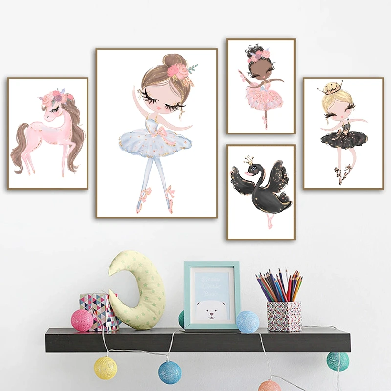 Baby Girls Ballerina Nursery Wall Art Canvas Painting Pictures Swan Princess Pink Ballet Prints Nordic Poster Kids Room Decor