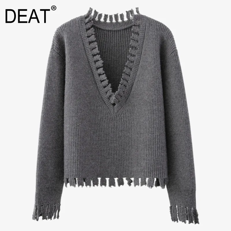 Осень-зима 2021 новинка модный простой короткий вязаный пуловер DEAT с V-образным