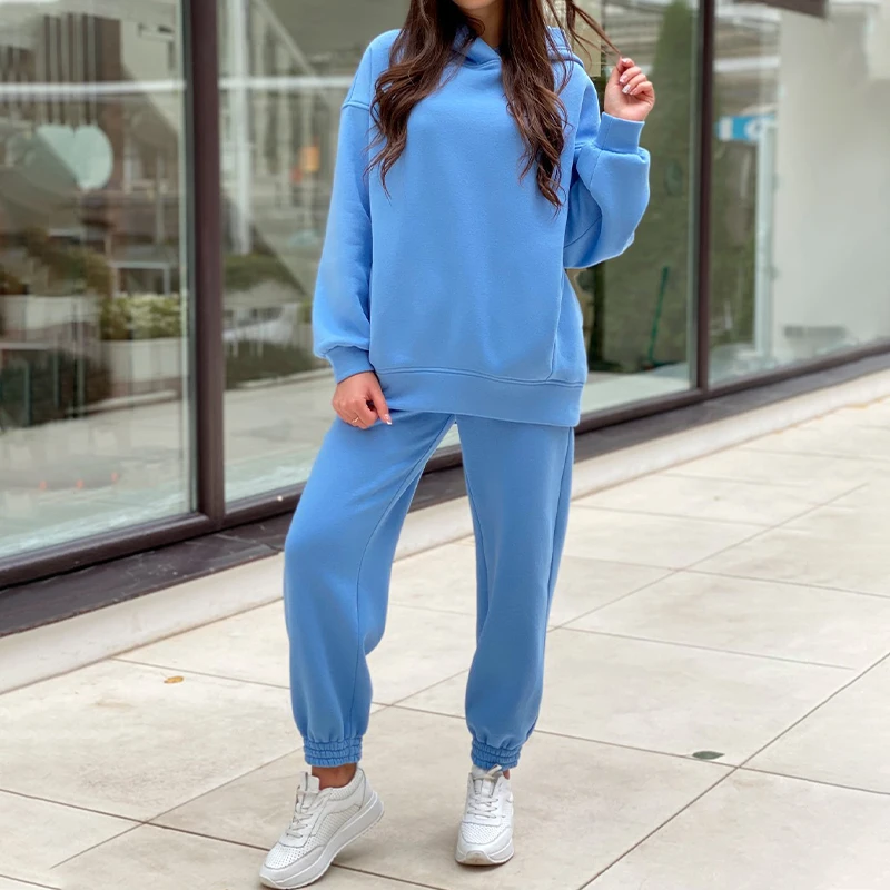 Two Piece Set Casual Fleece Tracksuit Women Winter 2021 Women's Sets Oversized Hooded Long Sleeve Hoodie Sport Pants Lady Suit