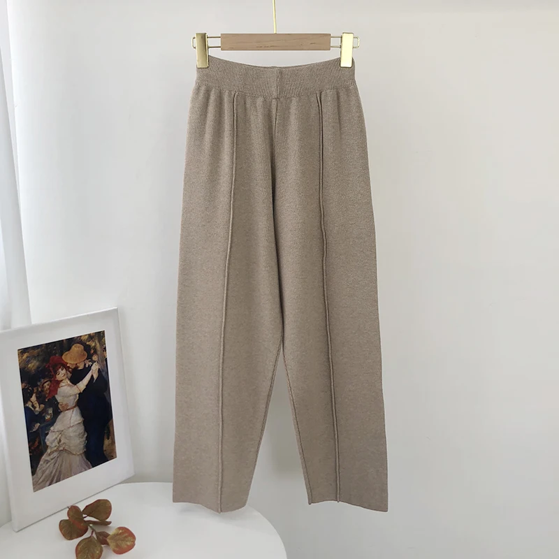 Aachoae Loose Solid Knitted Pants Women Elastic Waist Casual Lady Pants Pleated Leisure Home Wear Long Pants Female Pantalon