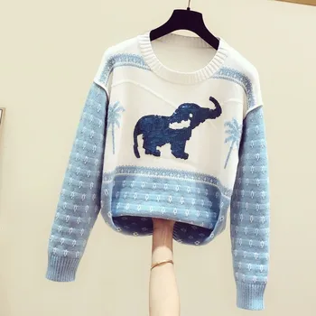 

Pullovers Female Sweaters 2019 New Autumn Winter Color Block Sequins Elephant O Neck Long Sleeve Knitted Top for Students