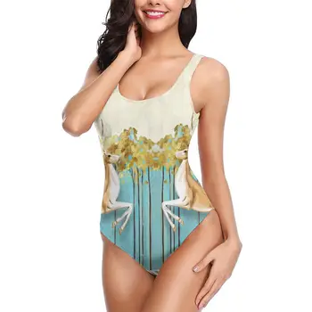

2020 Sexy One Piece Swimsuit Blue Fabulous Trees With Yellow Leaves With Blooming Horns Women Monokini Bodysuit Swim Wear