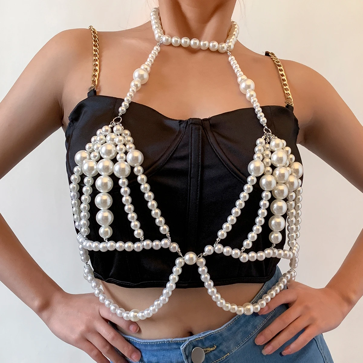 IngeSight.Z Sexy Imitation Pearl Harness Chest Bra Chain Bikini for Women Multi Layered Waist Belly Body Jewelry |