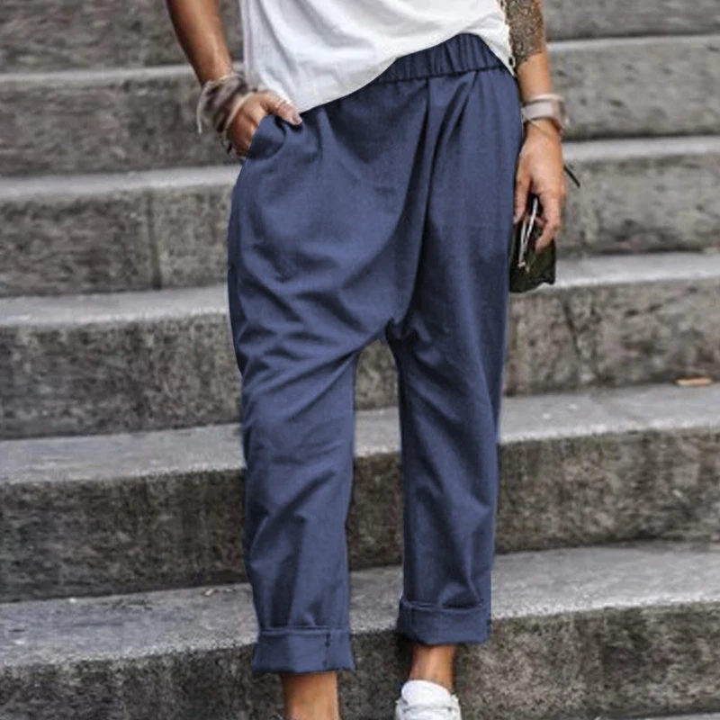 

Women Pants Ladies Plus Size Fashion Beach Pockets Casual Elastic Waist Trousers Solid Bottoms