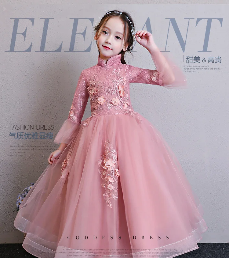 Girls' Princess Skirt Long Sleeve Flower Boys/Flower Girls Chinese-style Wedding Dress Girls Evening Dress Host Costume Big Boy