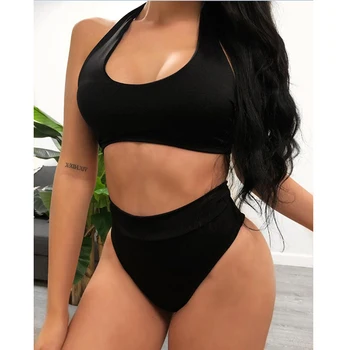 

Solid Color Summer Swimsuit Ladies two-piece Sexy push-ups Halter Swimsuit Beach Leisure Large Size Split Bikini