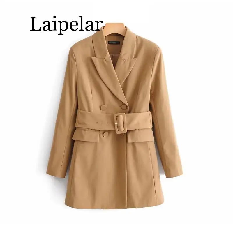 

Laipelar Khaki Women Elegant Long Blazers 2019 Spring-Autumn Ladies Chic Notched Collar Suits Jackets with Belt Chic Girls Blaze