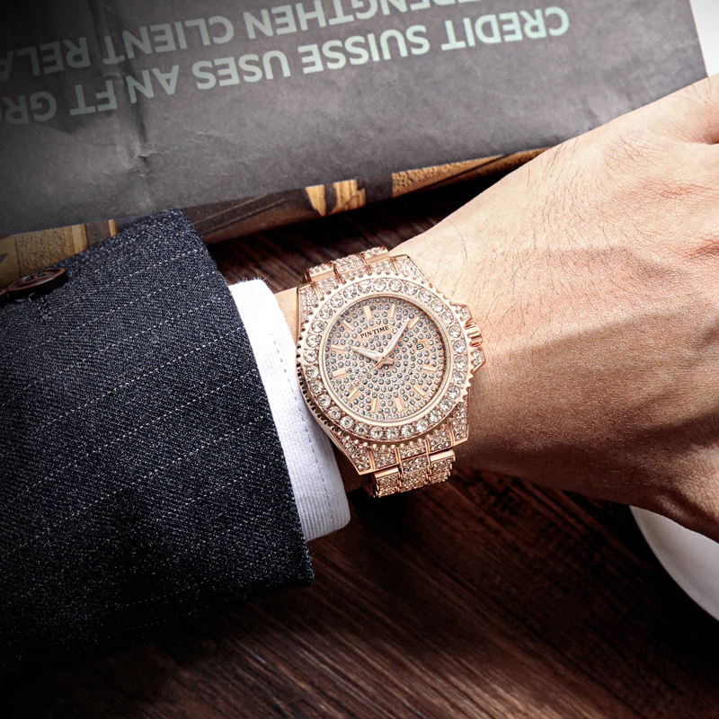 Bling Diamond Iced Out Watch Men Gold Stainless Steel Hip Hop Mens Watches Top Brand Luxury Clock Relogio Masculino Reloj Hombre