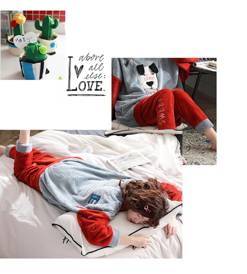 Large pyjamas autumn and winter women's lovely coral velvet thickened fat sister 100kg loose maternity home clothes set