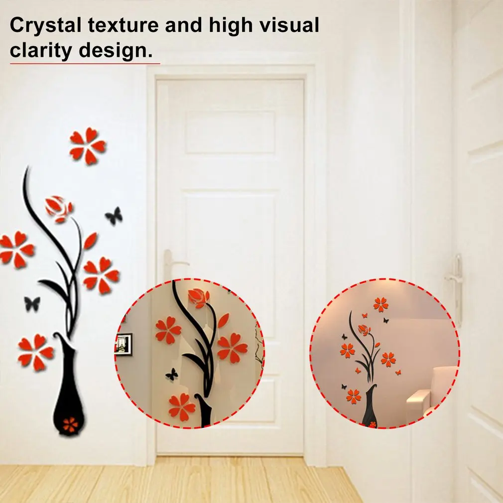 3D Acrylic Vase & Plum Pattern Room TV Backdrop Entrance Home Wall Sticker High Visual Clarity High Light Transmission Durable