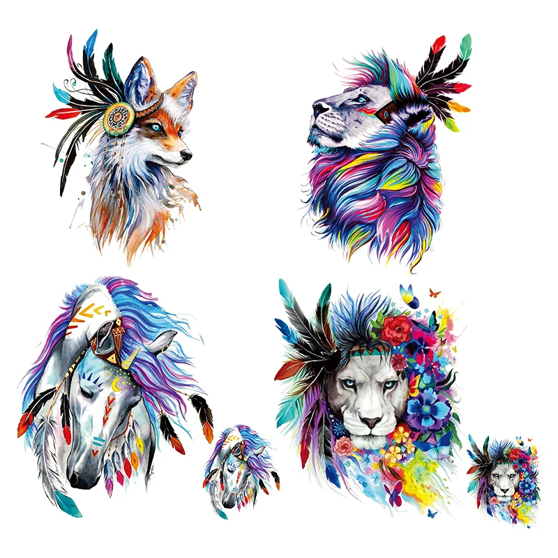 Animal Feather Patches Iron On Stickers T-shirts Lion Wolf Horse