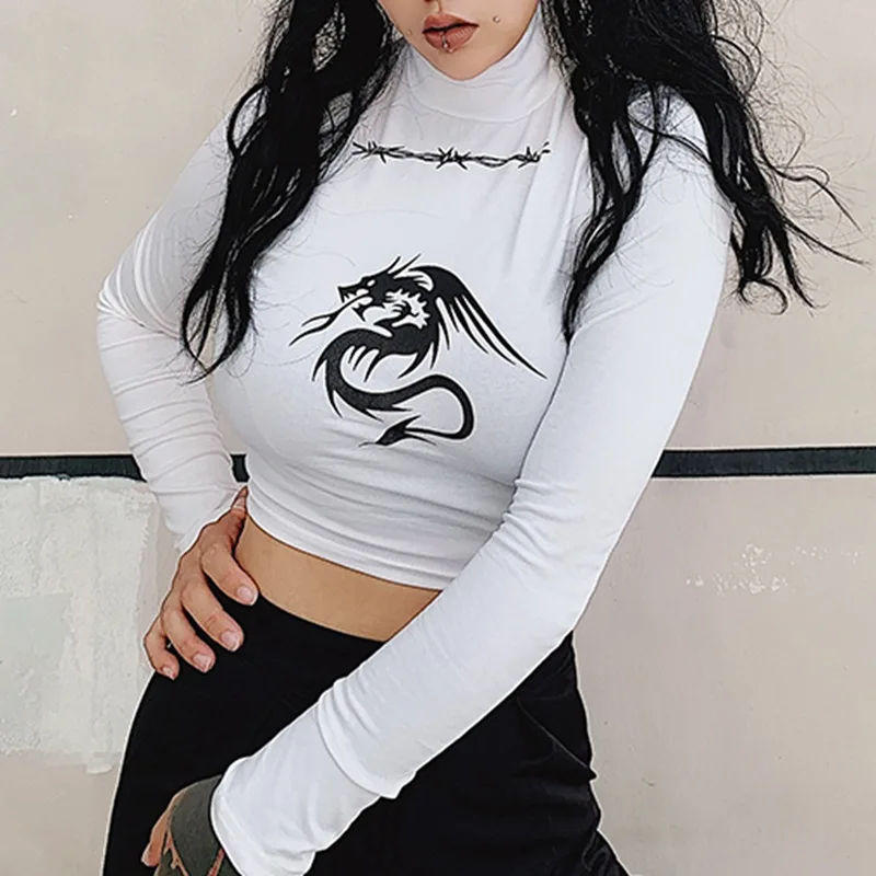 

Hot New Fashion Women's Long Sleeve Crop Top T-Shirt Top Long Print High-necked Dew Sexy Autumn Show Cotton