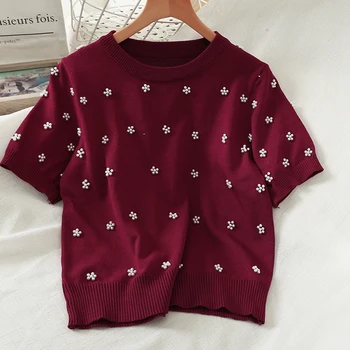 

Short Sleeve Knitted Shirt Women's 2020 Spring Autumn New Pearl Beads Short Tops Female Girls Thin Sweater Knit Femininas