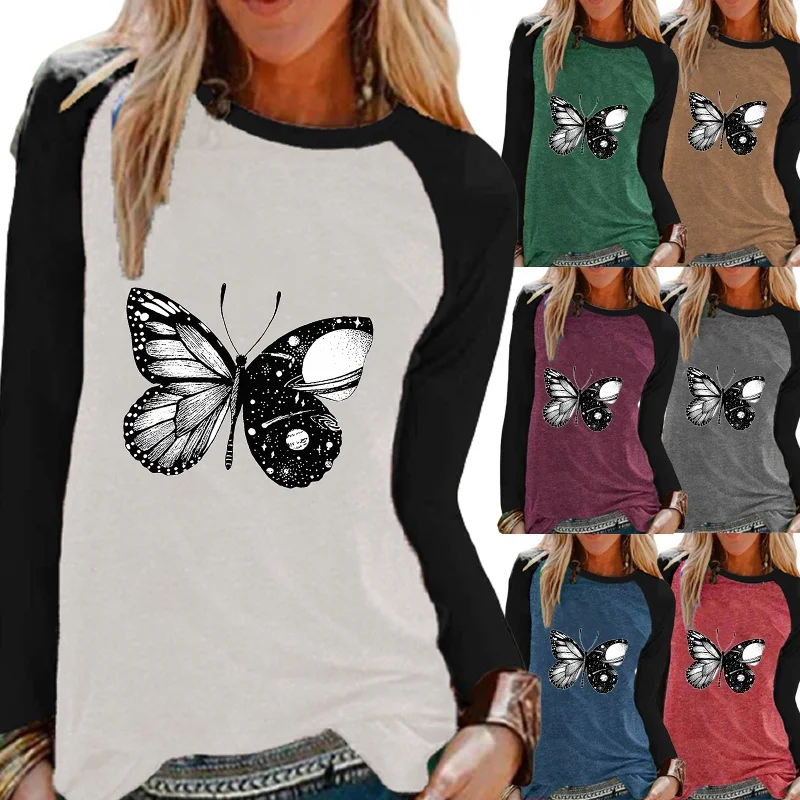 

Autumn Fashion Ladies Casual Butterfly Print Long Sleeved Round Neck Shirt Loose Women's Color Block T-shirt Plus Size Blouse