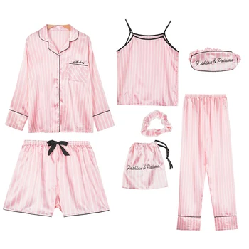 

Pink Women's 7 Pieces Pajamas Sets Faux Silk Striped Pyjama Women Sleepwear Sets Spring Summer Autumn Homewear 2020