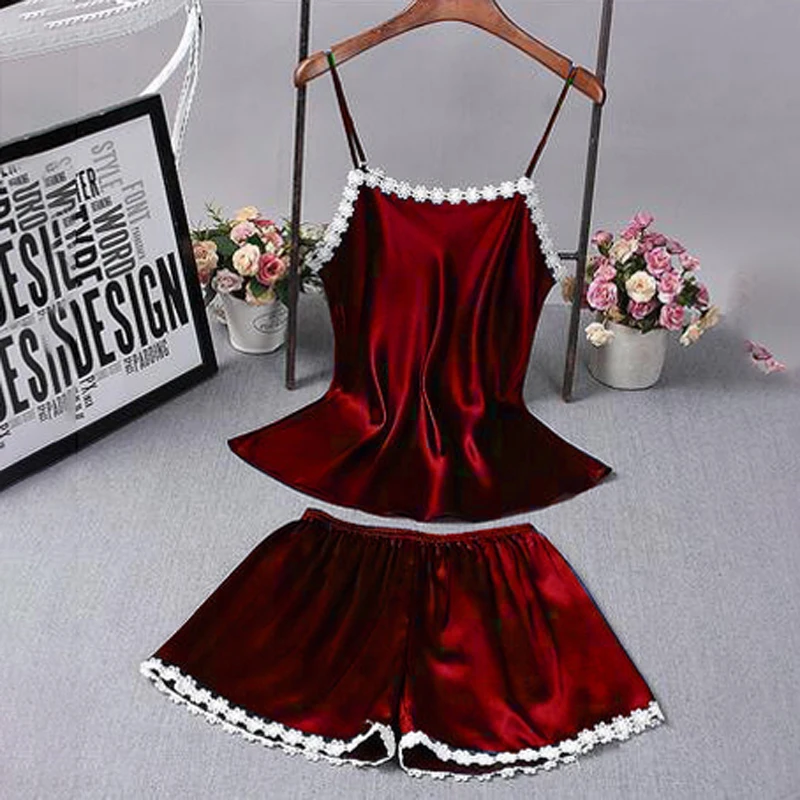 

Ladies summer pajamas Sexy Lingerie Sleepwear women silk Pajamas Set Sling Sleeveless camis and Shorts